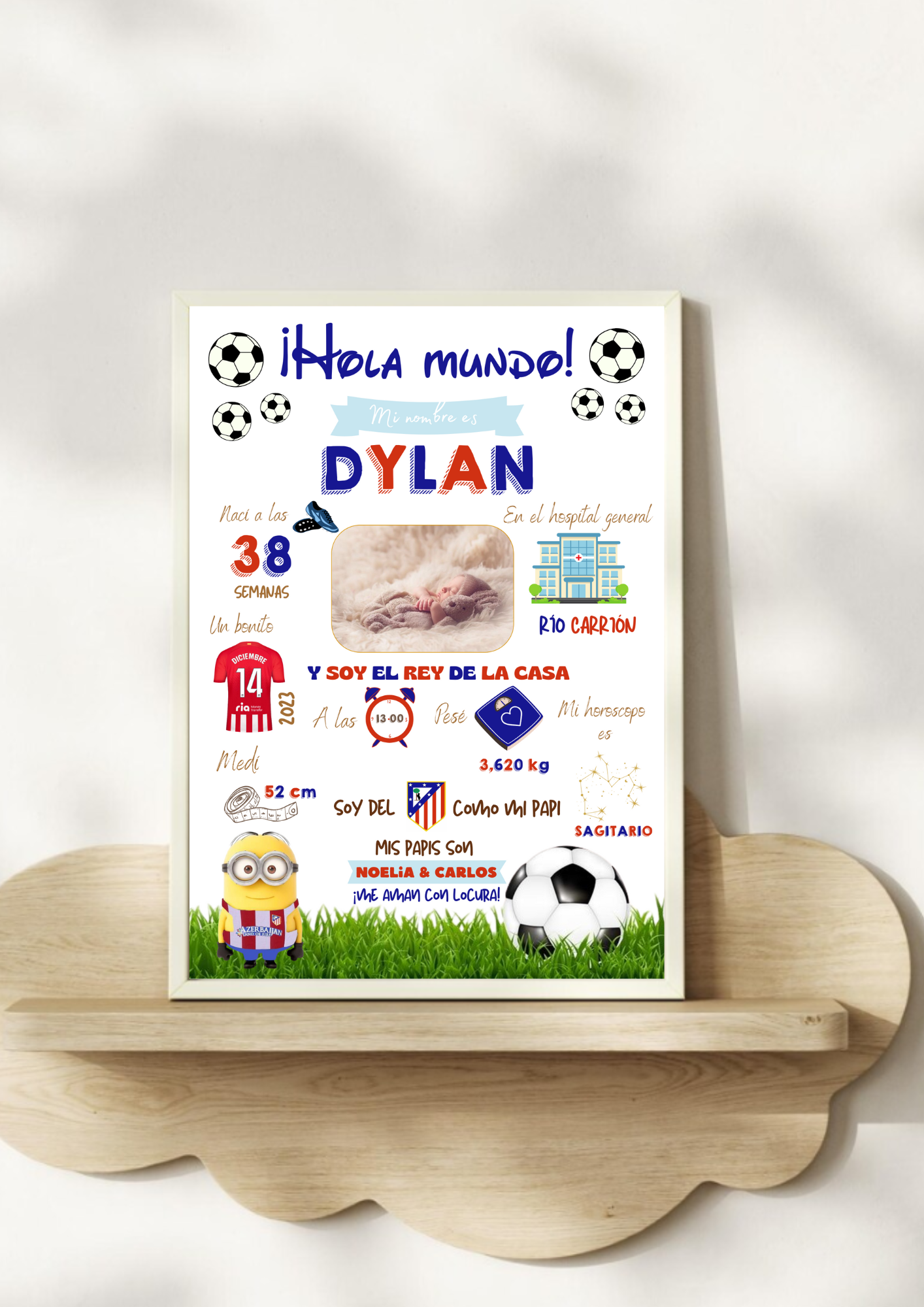 Lámina personalizada nacimiento bebé foto "Fútbol Atlético de Madrid"