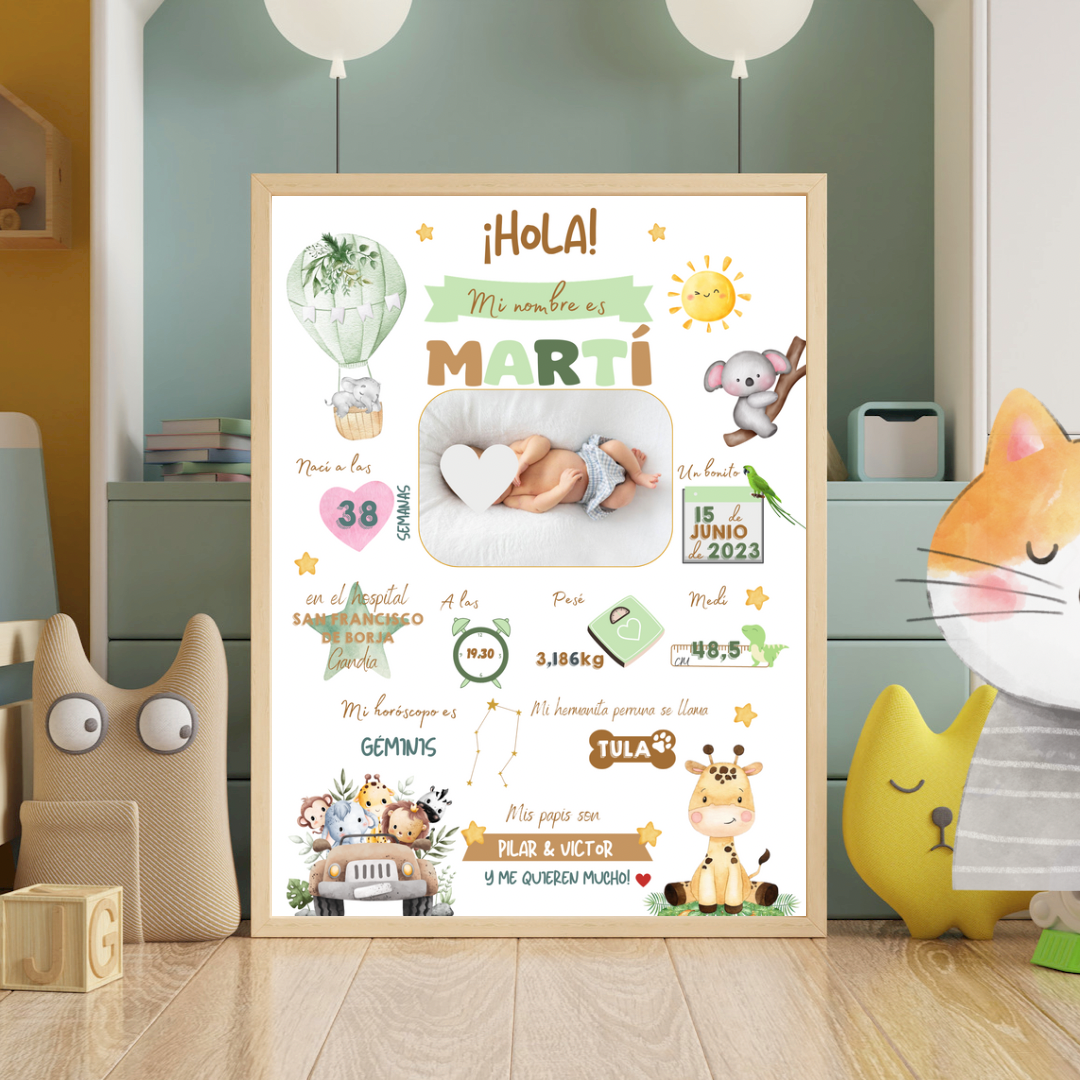 Lámina personalizada nacimiento bebé foto "Safari animalitos del bosque"