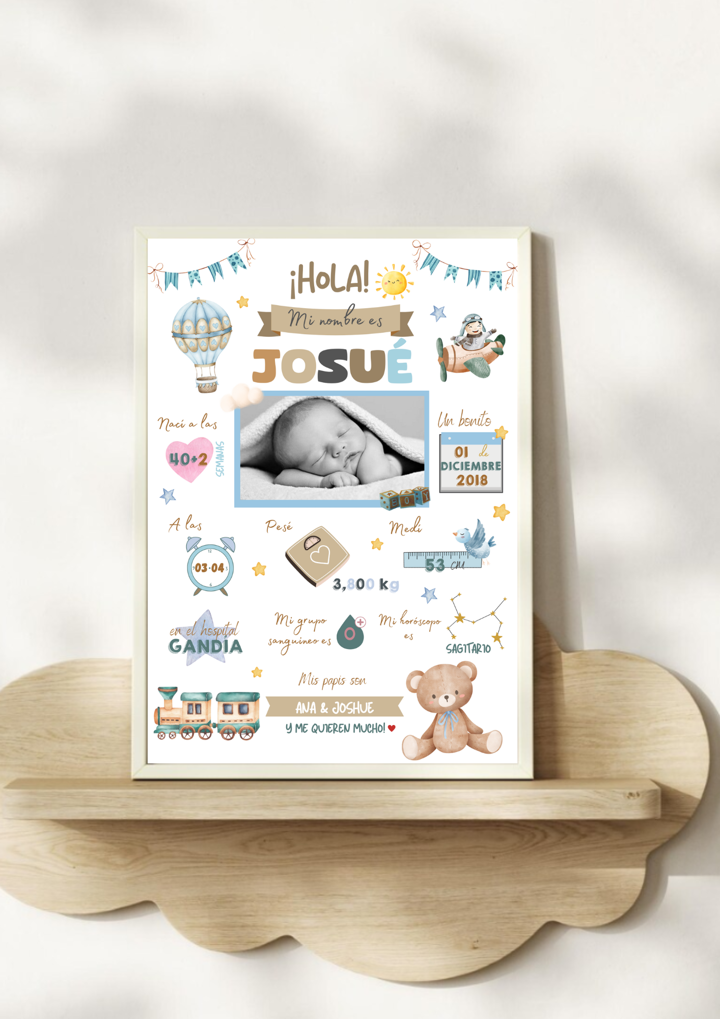 Lámina personalizada nacimiento bebé foto "Osito azul"