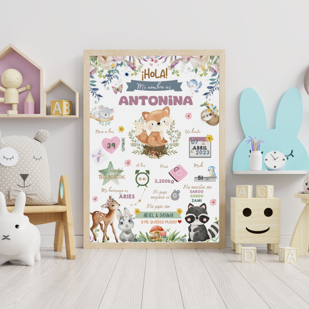 Lámina personalizada nacimiento bebé "Animalitos del bosque"