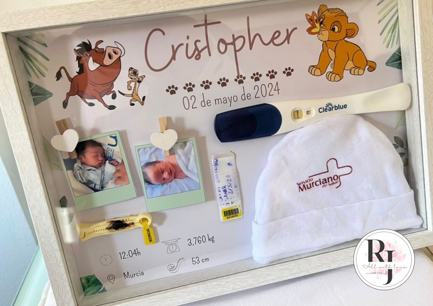 Guarda recuerdos nacimiento bebé recién nacido con diseño del Rey león
