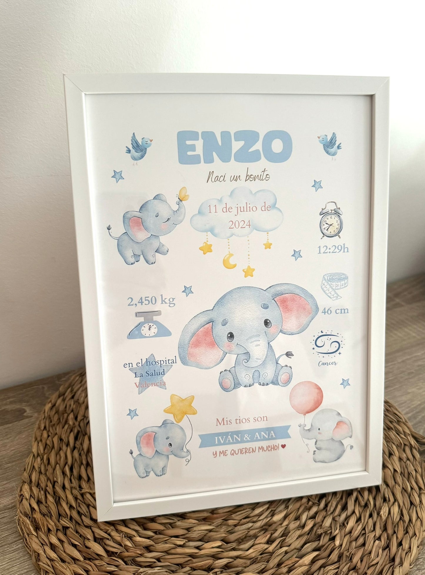 Lámina personalizada nacimiento bebé "Elefantes"