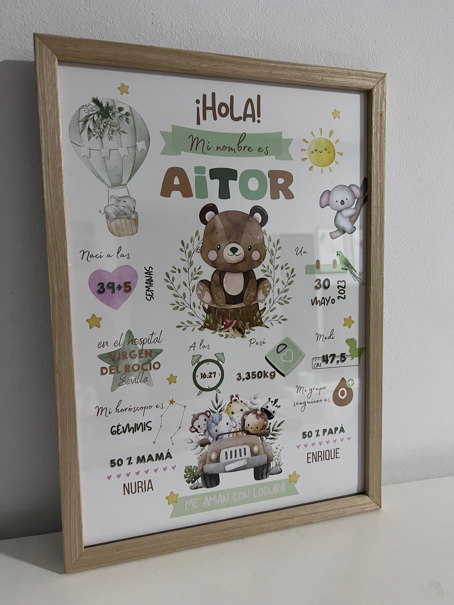 Lámina personalizada nacimiento bebé "Safari animales"