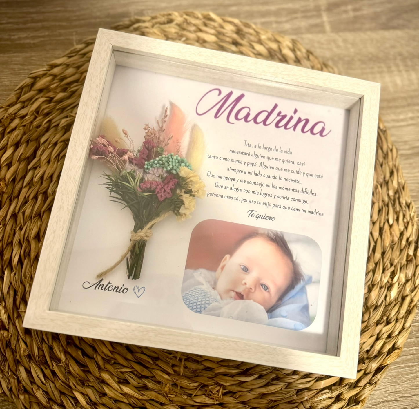Cuadro ramillete flores preservadas madrina bautizo