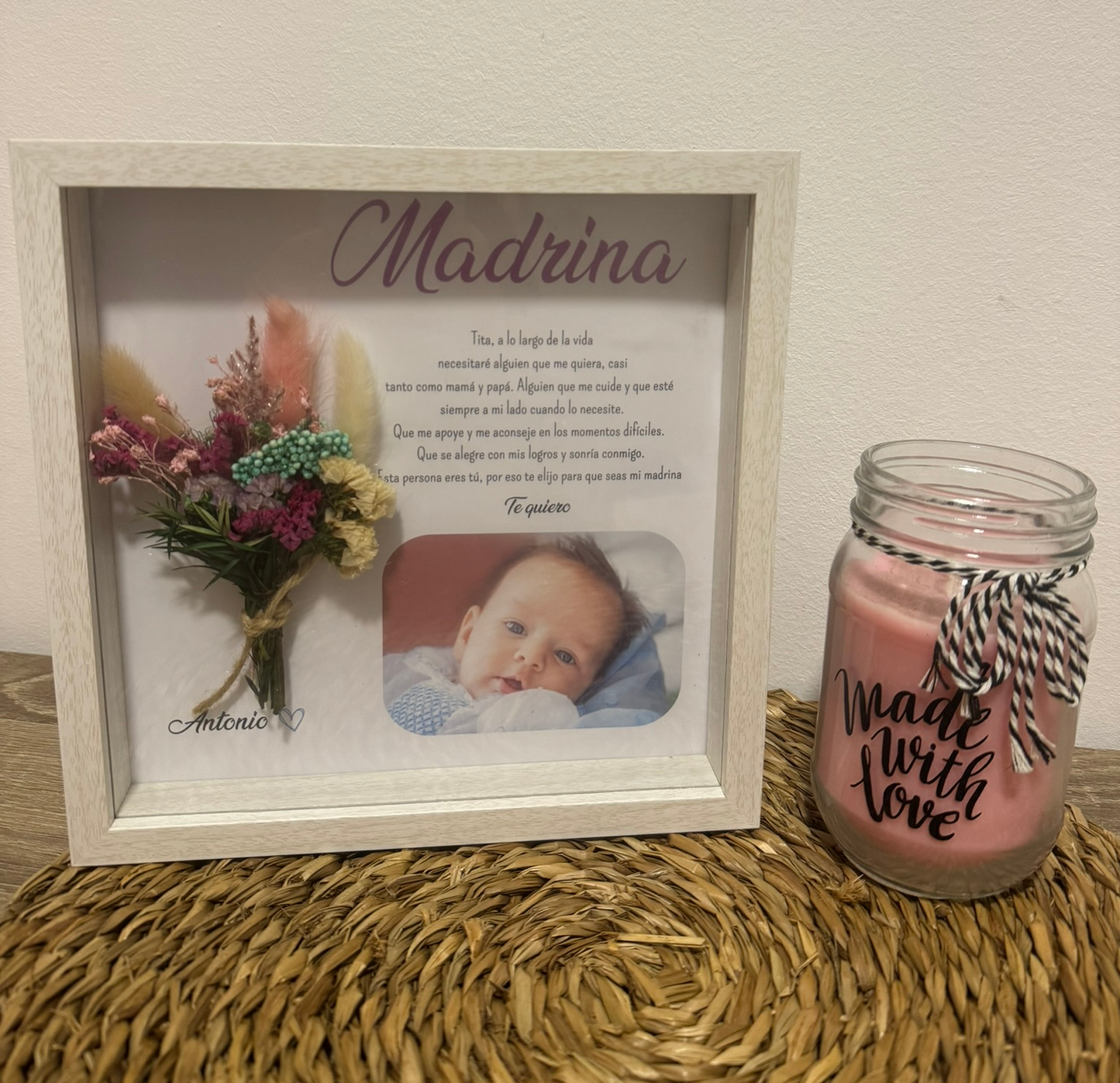 Cuadro ramillete flores preservadas madrina bautizo