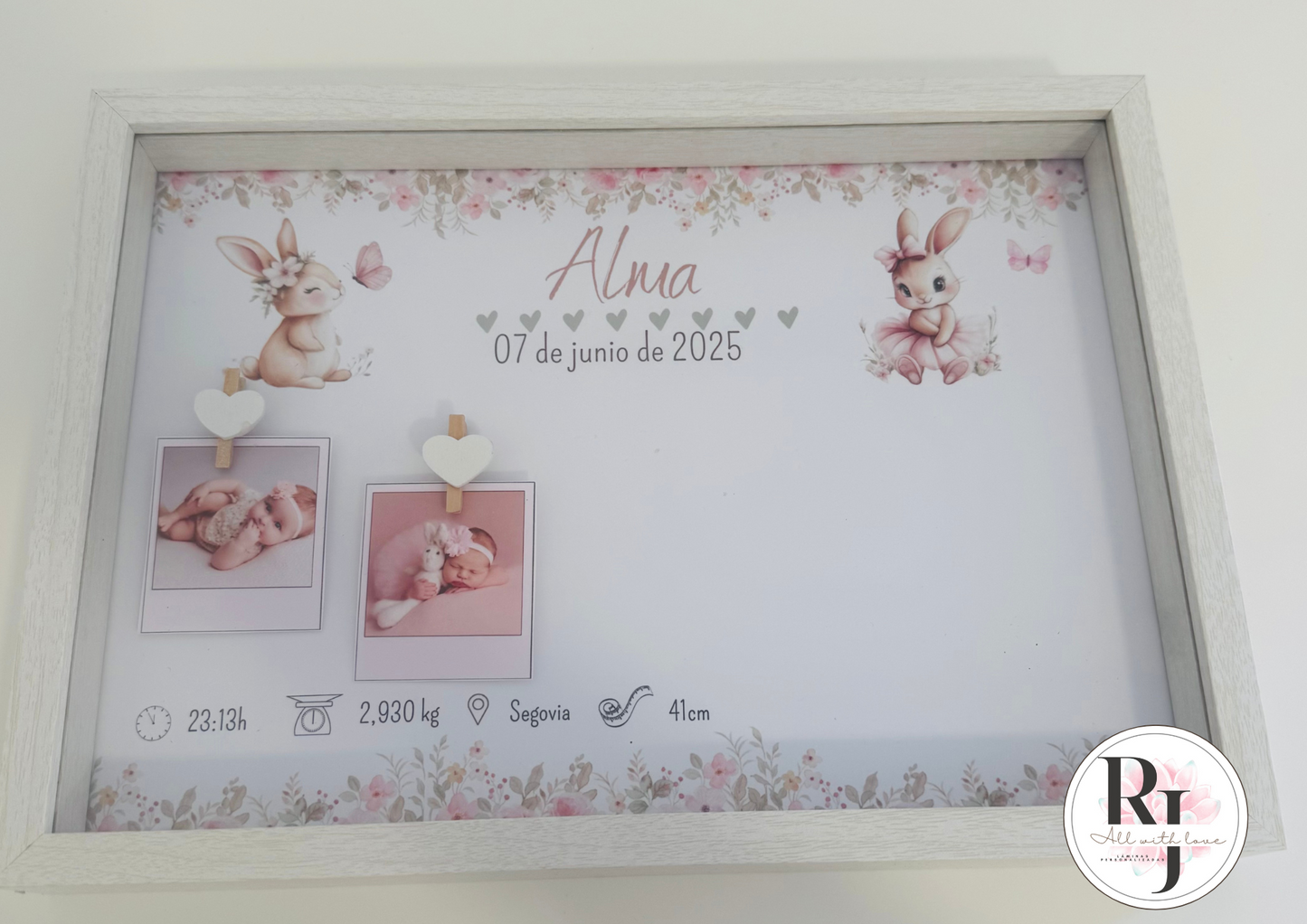 Guarda recuerdos nacimiento bebé recién nacido con diseño conejitas