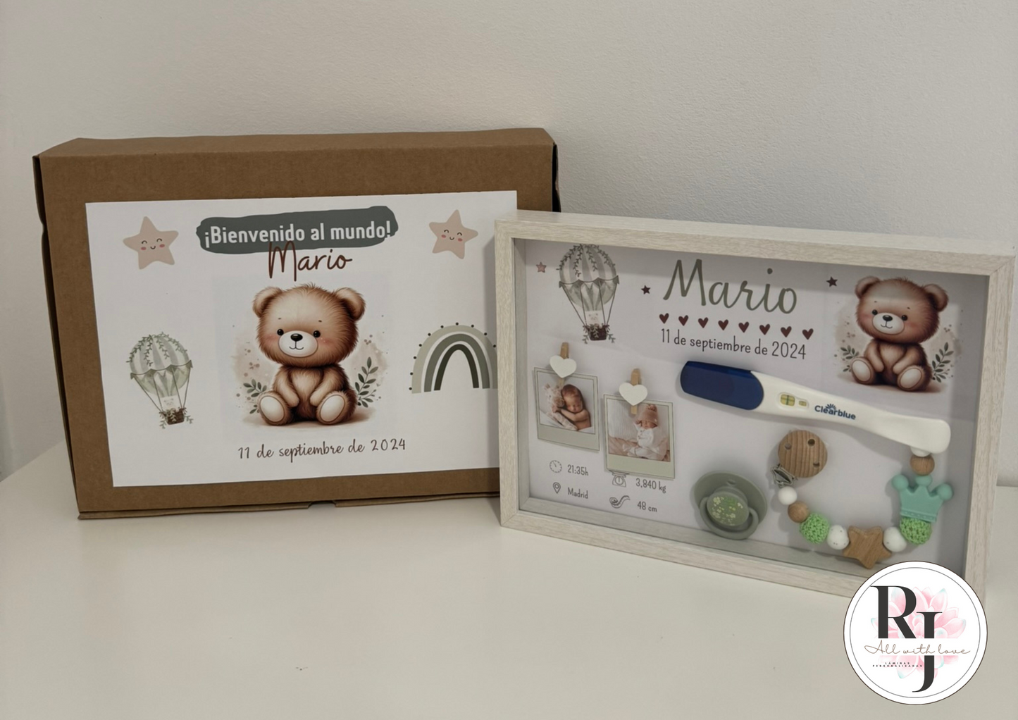 Guarda recuerdos nacimiento bebé recién nacido osito globo verde