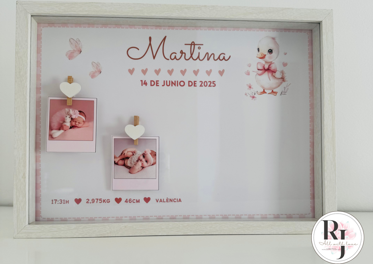 Guarda recuerdos nacimiento bebé recién nacido oca rosa fondo vichy