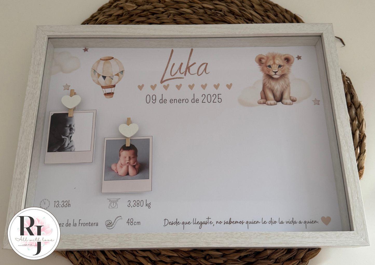 Guarda recuerdos nacimiento bebé recién nacido con diseño leoncito acuarela