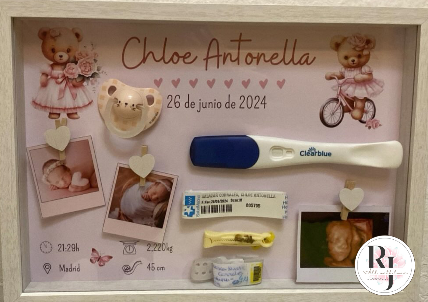 Guarda recuerdos nacimiento bebé recién nacido osita rosa