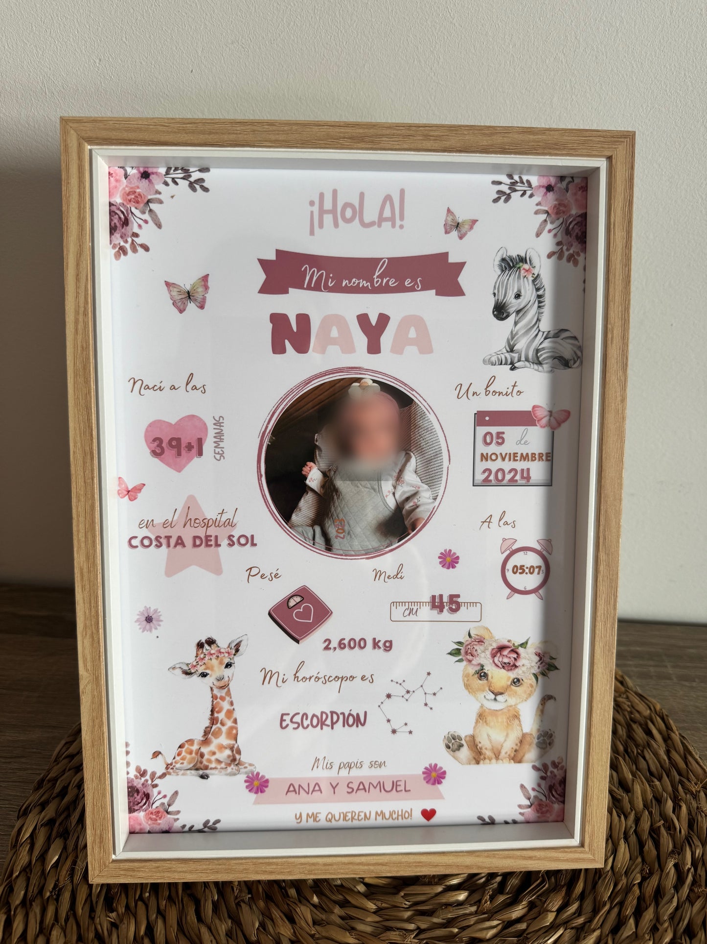 Lámina personalizada nacimiento bebé foto "Leoncita acuarela"