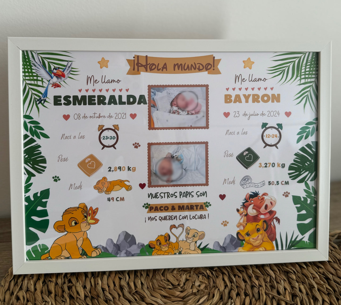 Lámina de nacimiento doble hermanos "Rey León"