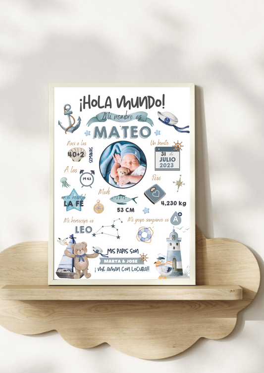 Lámina personalizada nacimiento bebé foto "Marinero"