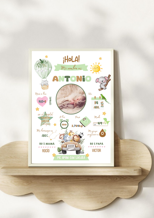 Lámina personalizada nacimiento bebé foto "Safari animalitos del bosque"