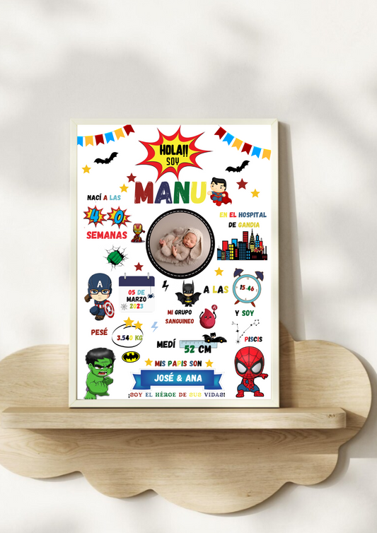 Lámina personalizada nacimiento bebé foto "Superhéroes Marvel"