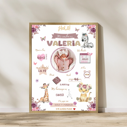 Lámina personalizada nacimiento bebé foto "Leoncita acuarela"