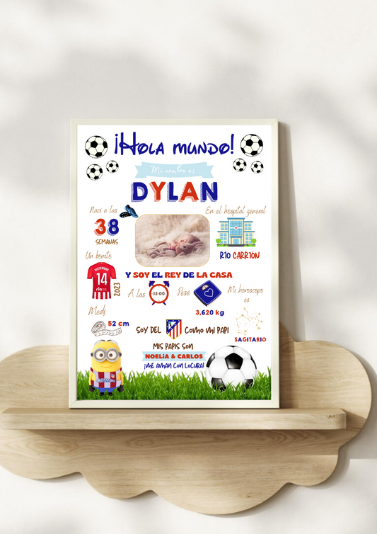 Lámina personalizada nacimiento bebé foto "Fútbol Atlético de Madrid"