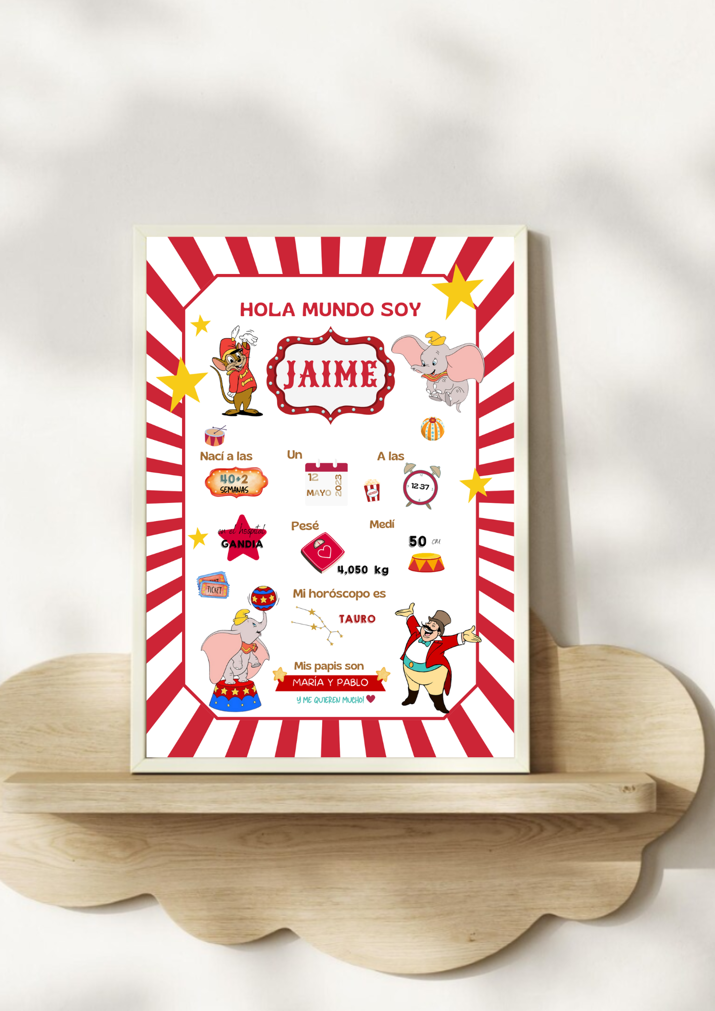 Lámina personalizada nacimiento bebé  "Dumbo circo"