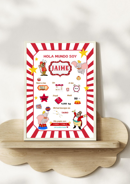 Lámina personalizada nacimiento bebé  "Dumbo circo"