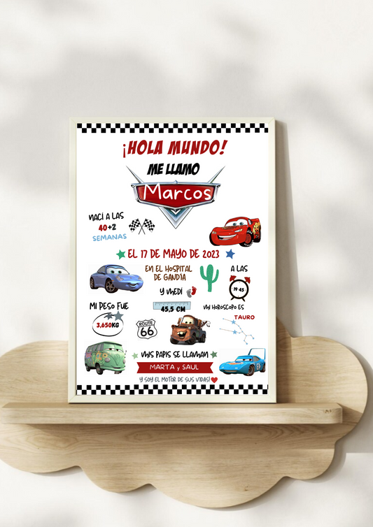 Lámina personalizada nacimiento bebé "Cars"