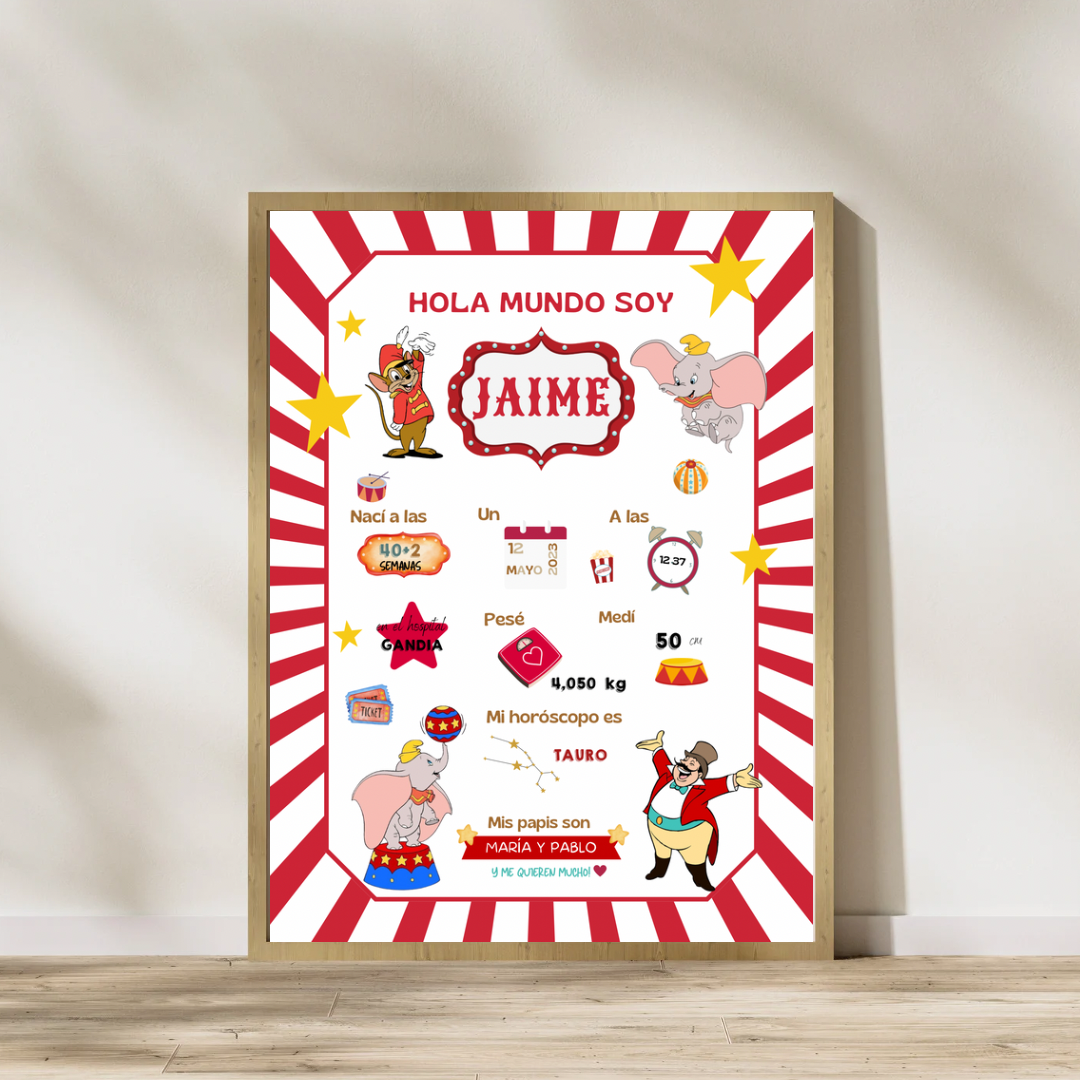 Lámina personalizada nacimiento bebé  "Dumbo circo"