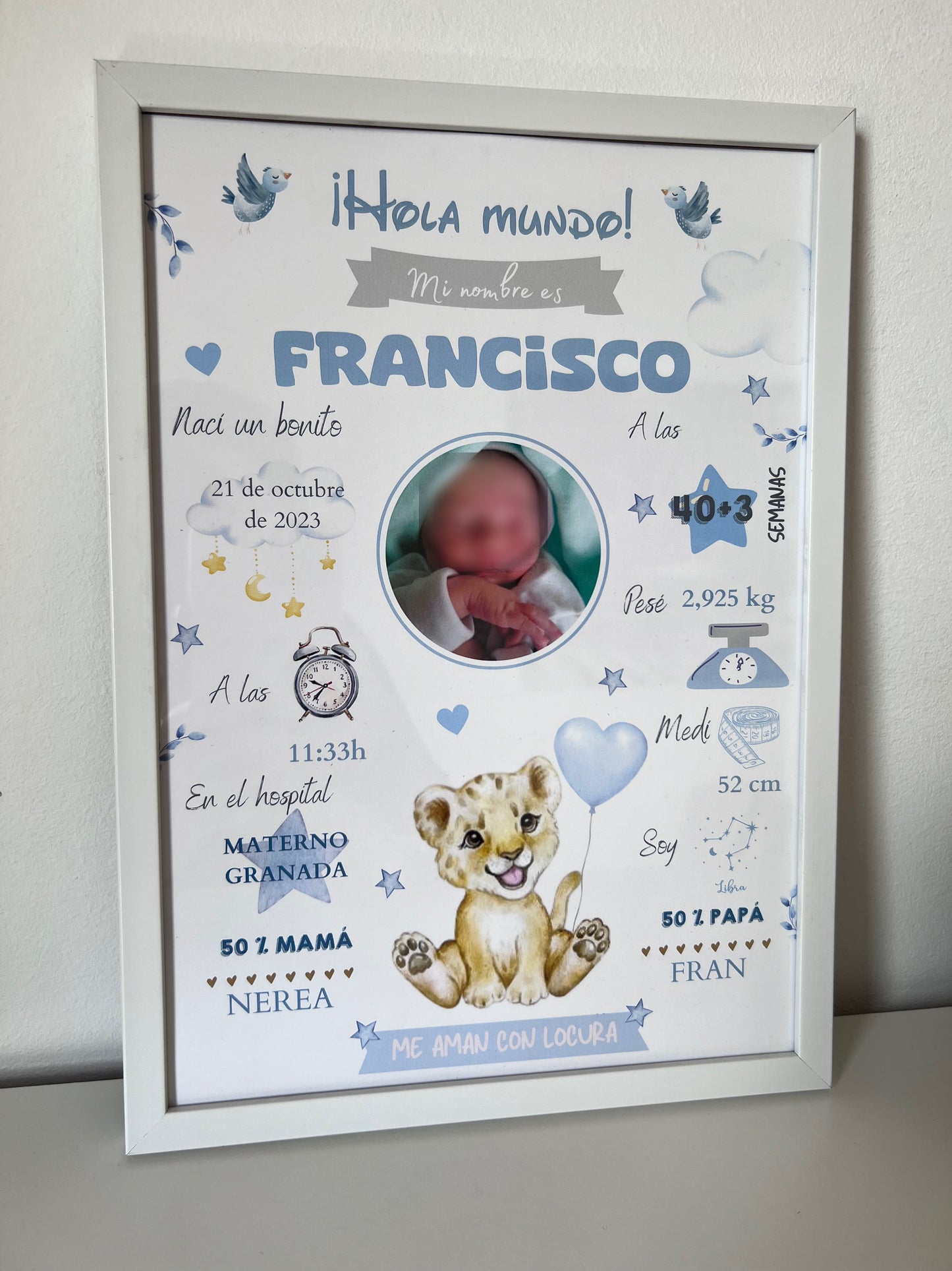 Lámina personalizada nacimiento bebé foto "Leoncito azul"