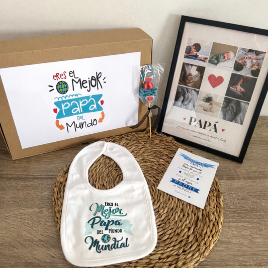 Pack día del padre Lámina personalizada "Papá 8 fotos corazon" + Babero