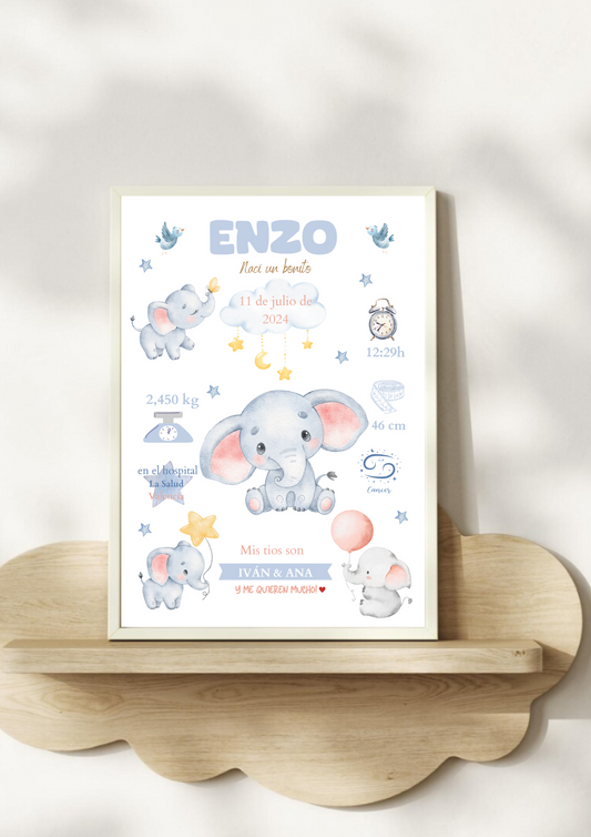 Lámina personalizada nacimiento bebé "Elefantes"