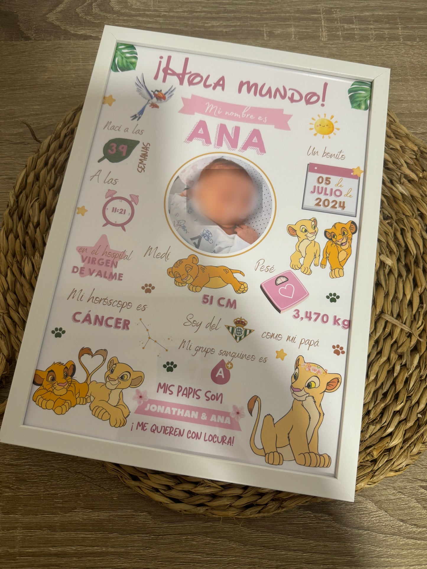 Lámina personalizada nacimiento bebé foto "Nala Rey León"