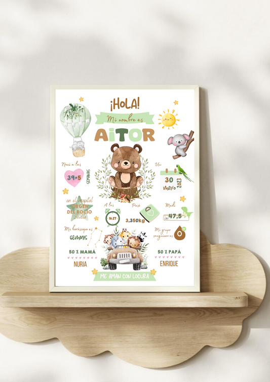 Lámina personalizada nacimiento bebé "Safari animales"