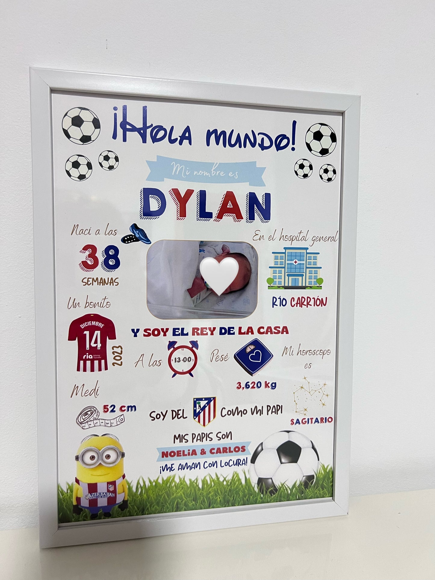 Lámina personalizada nacimiento bebé foto "Fútbol Atlético de Madrid"