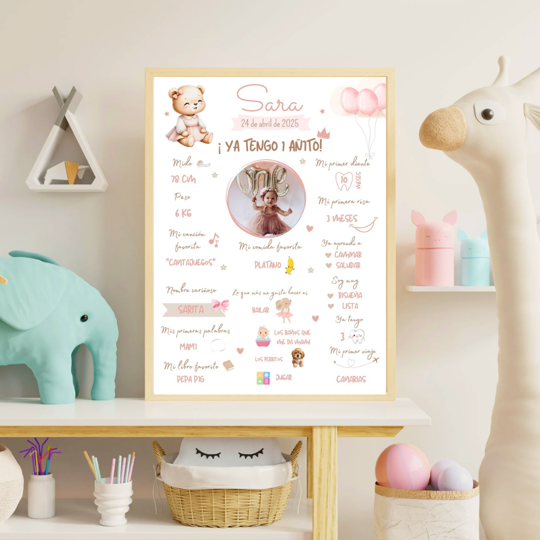 Lámina datos primer cumpleaños bebé osito rosa