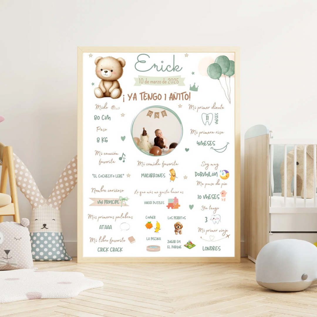 Lámina datos primer cumpleaños bebé osito verde