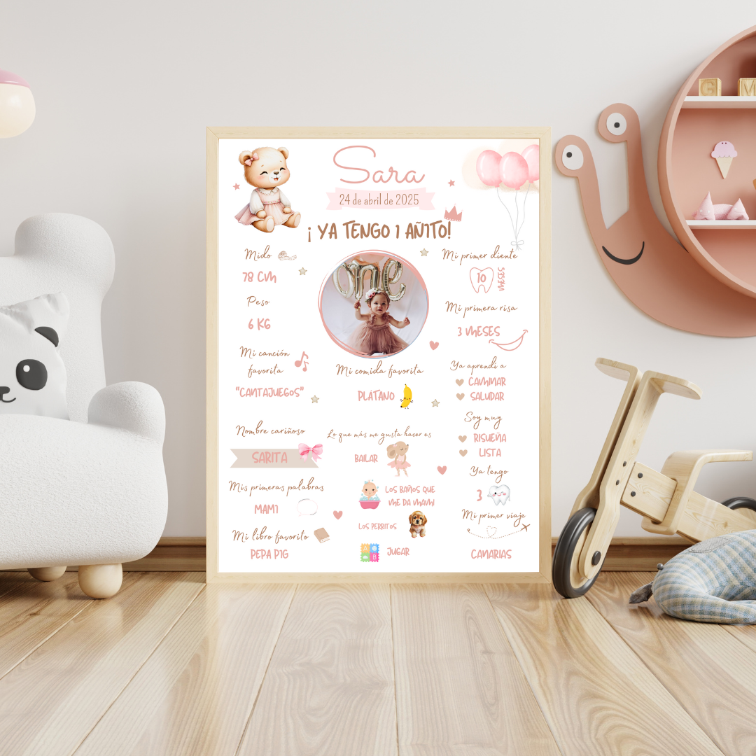 Lámina datos primer cumpleaños bebé osito rosa