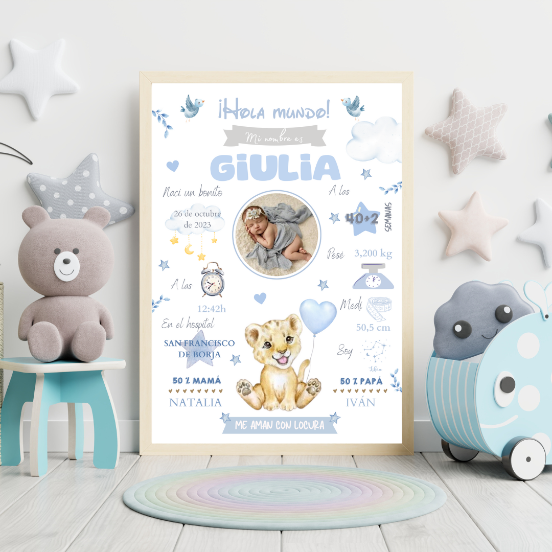 Lámina personalizada nacimiento bebé foto "Leoncito azul"