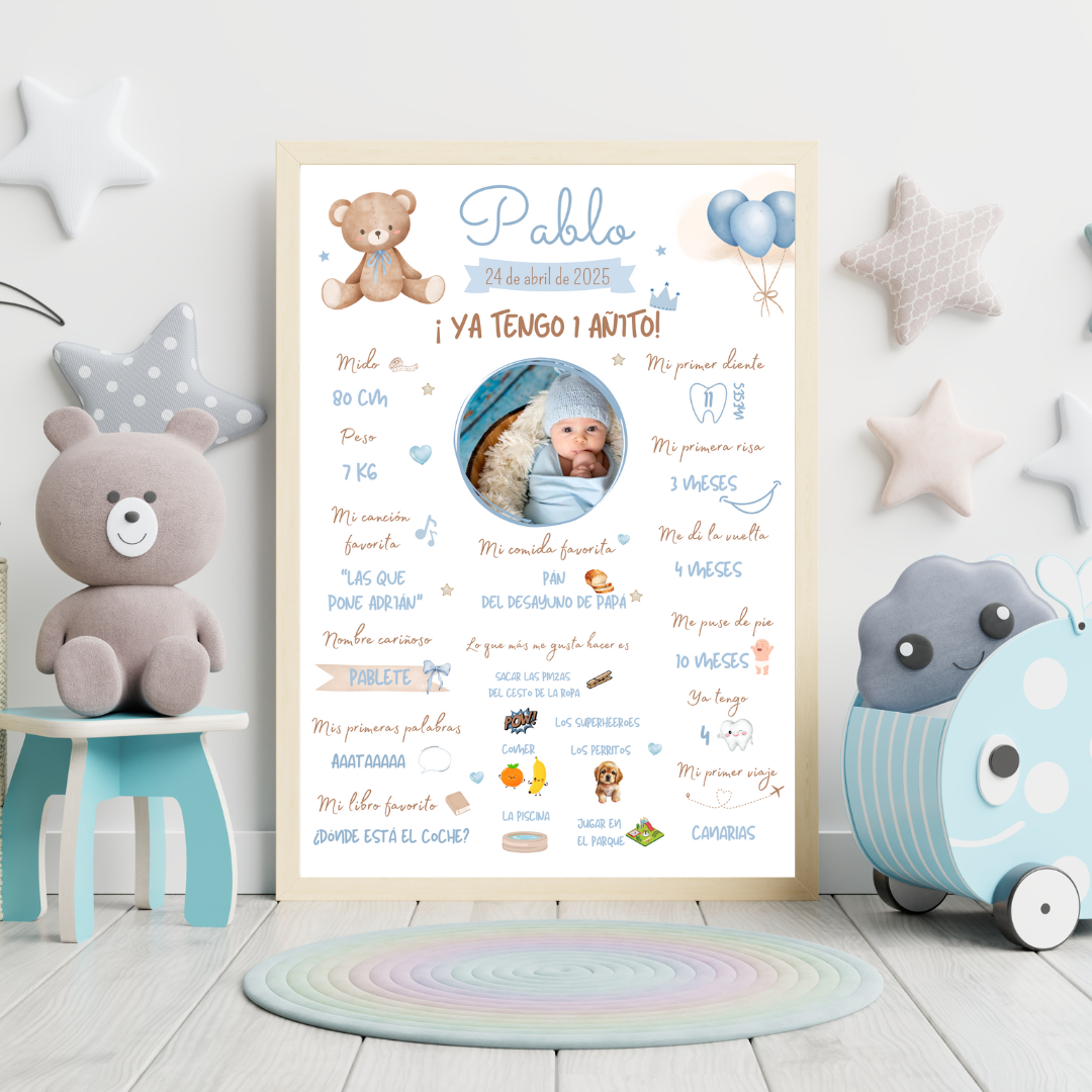Lámina datos primer cumpleaños bebé osito azul