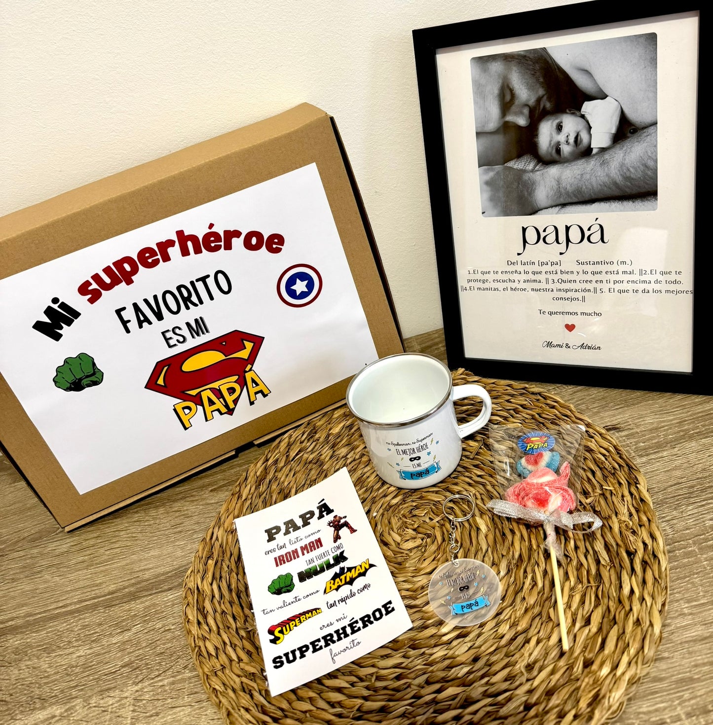 Pack día del padre Lámina personalizada papá "Superhéroe" + Taza+ Llavero