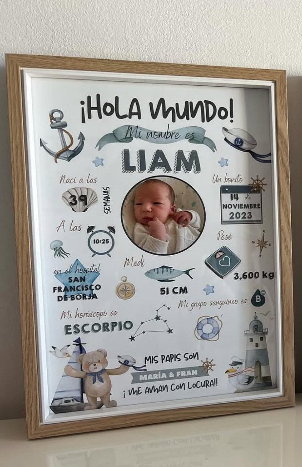 Lámina personalizada nacimiento bebé foto "Marinero"