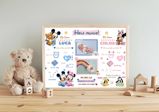 Lámina de nacimiento doble hermanos "Mickie y Minnie"