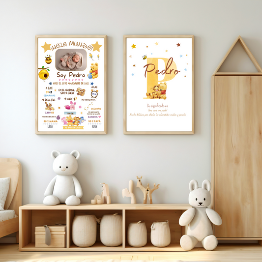 Pack 2 láminas (natalicio+ inicial significado) Winnie the Pooh