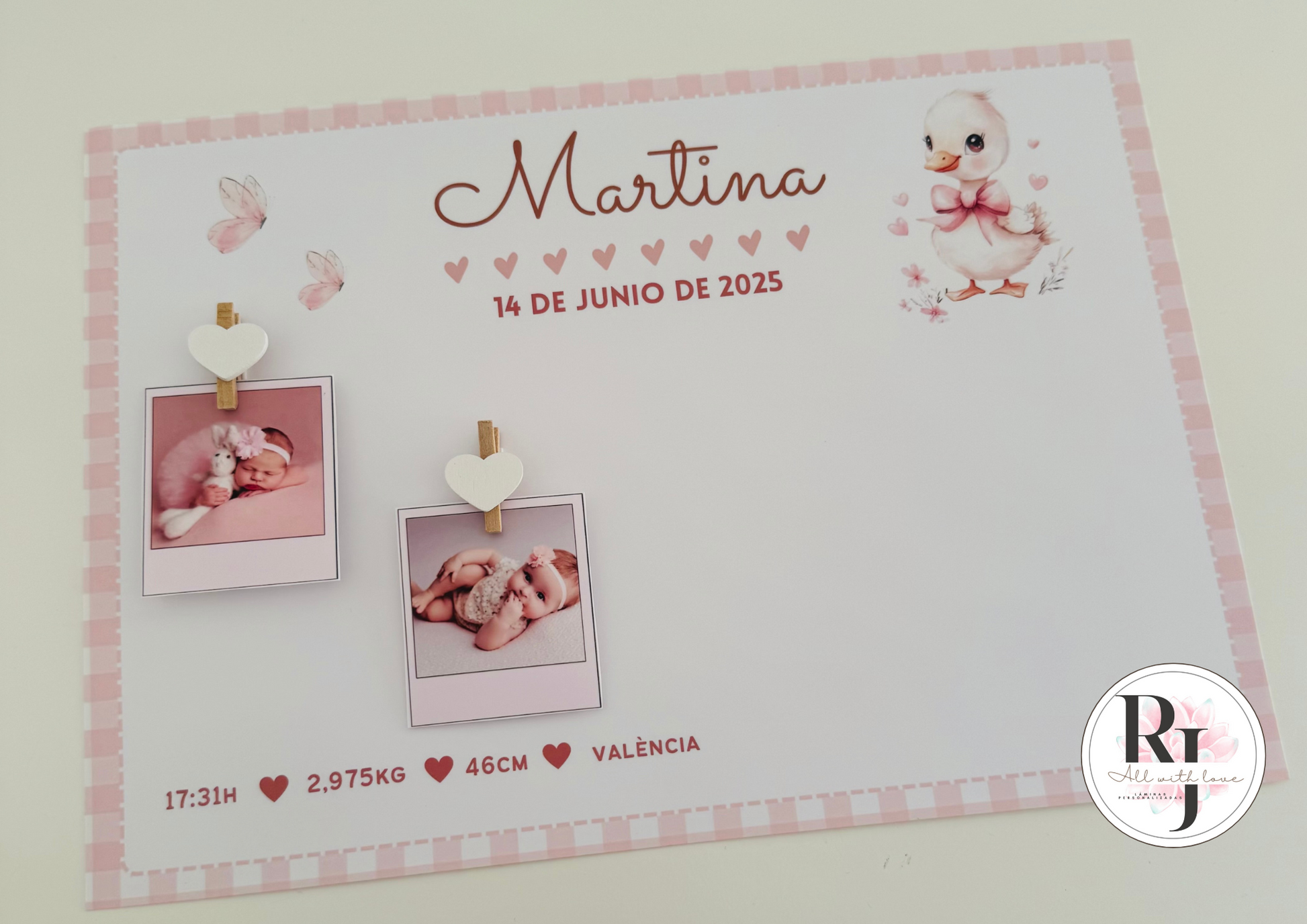 Guarda recuerdos nacimiento bebé recién nacido oca rosa fondo vichy