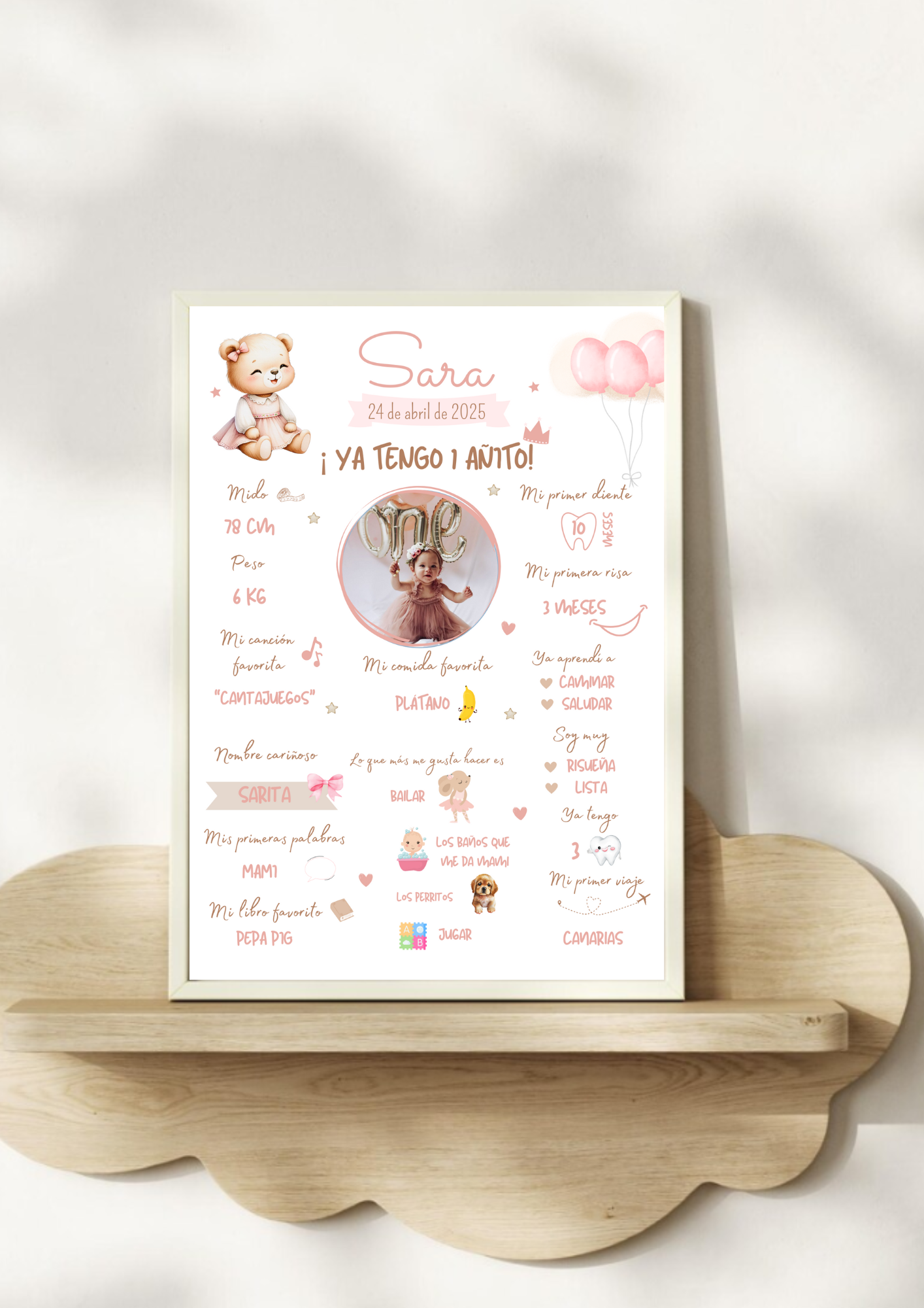 Lámina datos primer cumpleaños bebé osito rosa