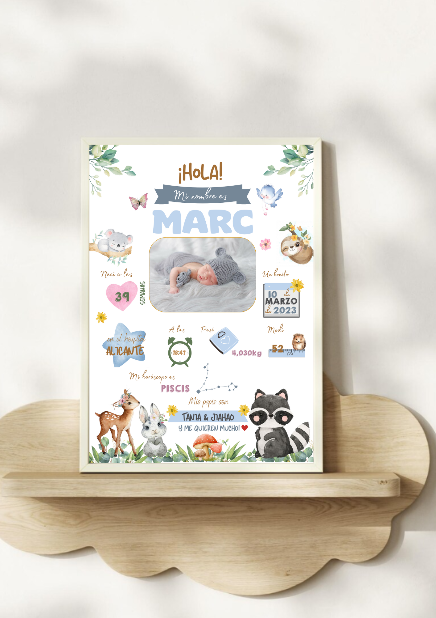 Lámina personalizada nacimiento bebé foto "Animalitos del bosque azul"