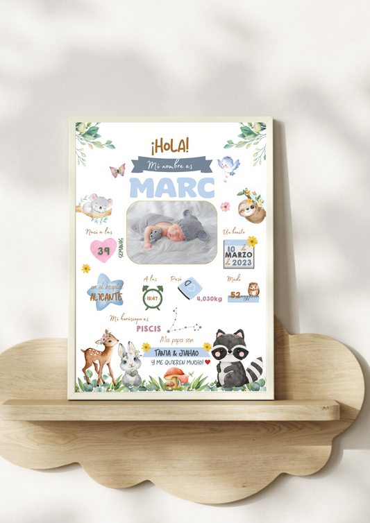 Lámina personalizada nacimiento bebé foto "Animalitos del bosque azul"