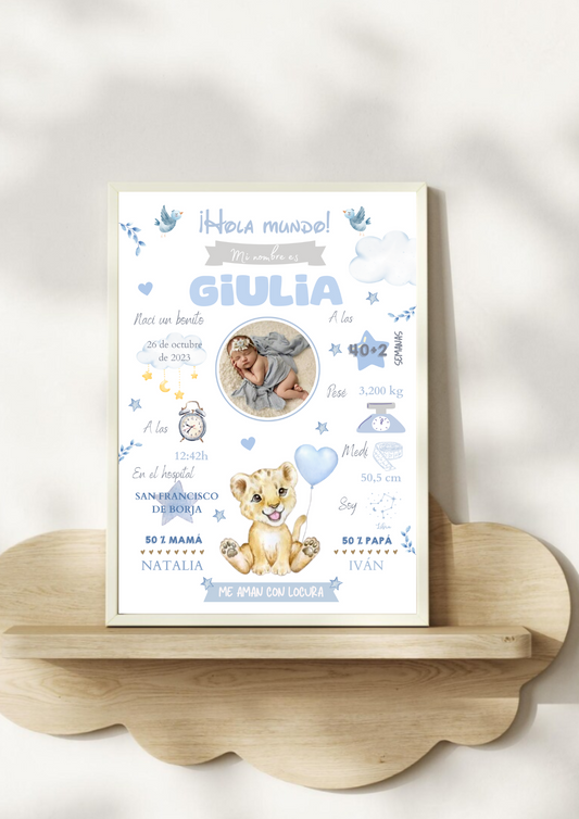 Lámina personalizada nacimiento bebé foto "Leoncito azul"