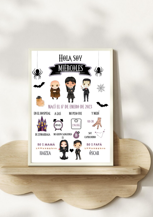 Lámina personalizada natalicio bebé "Miércoles Familia Addams"