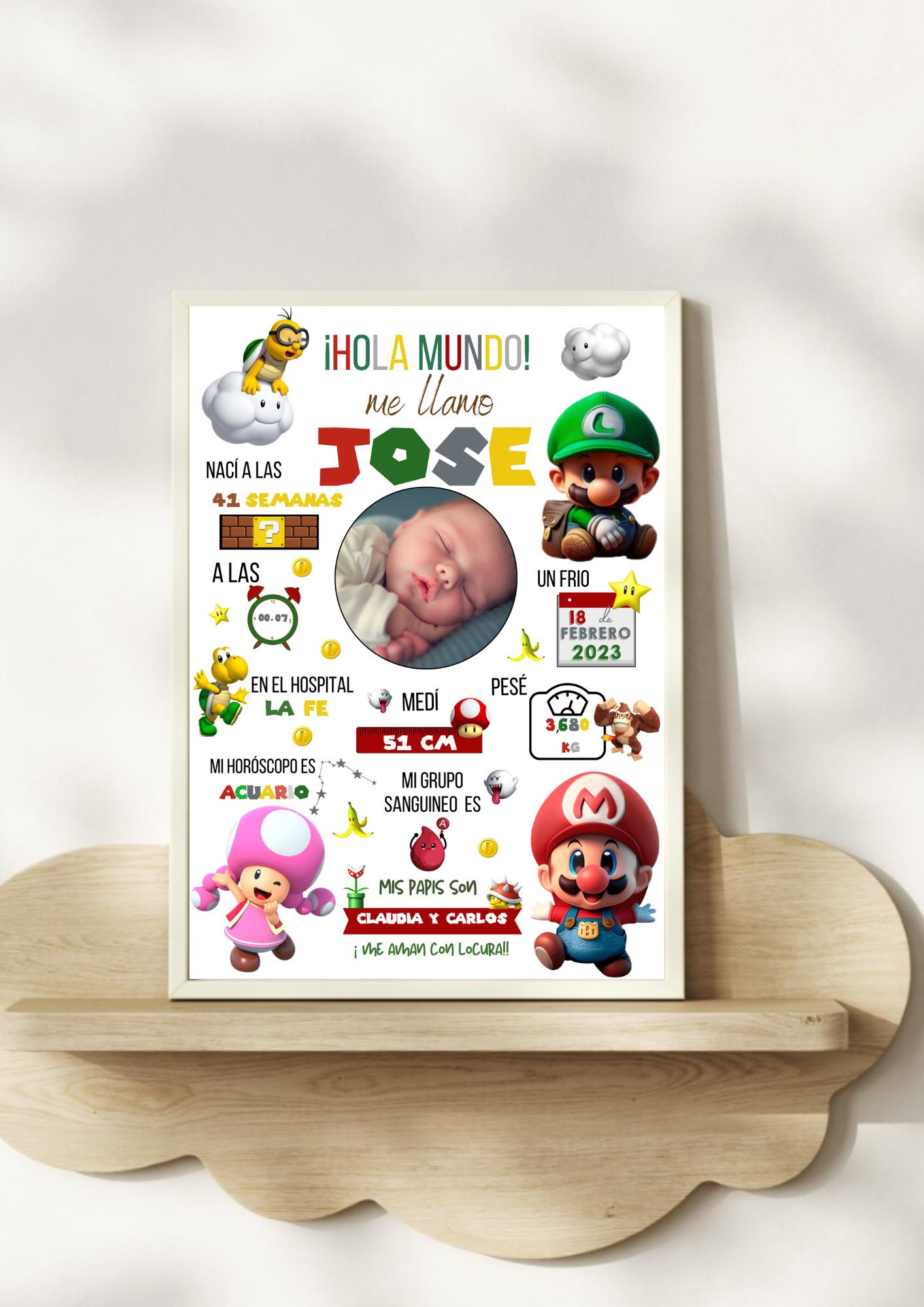 Lámina personalizada nacimiento bebé foto "Mario Bross"