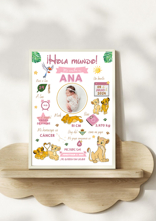 Lámina personalizada nacimiento bebé foto "Nala Rey León"
