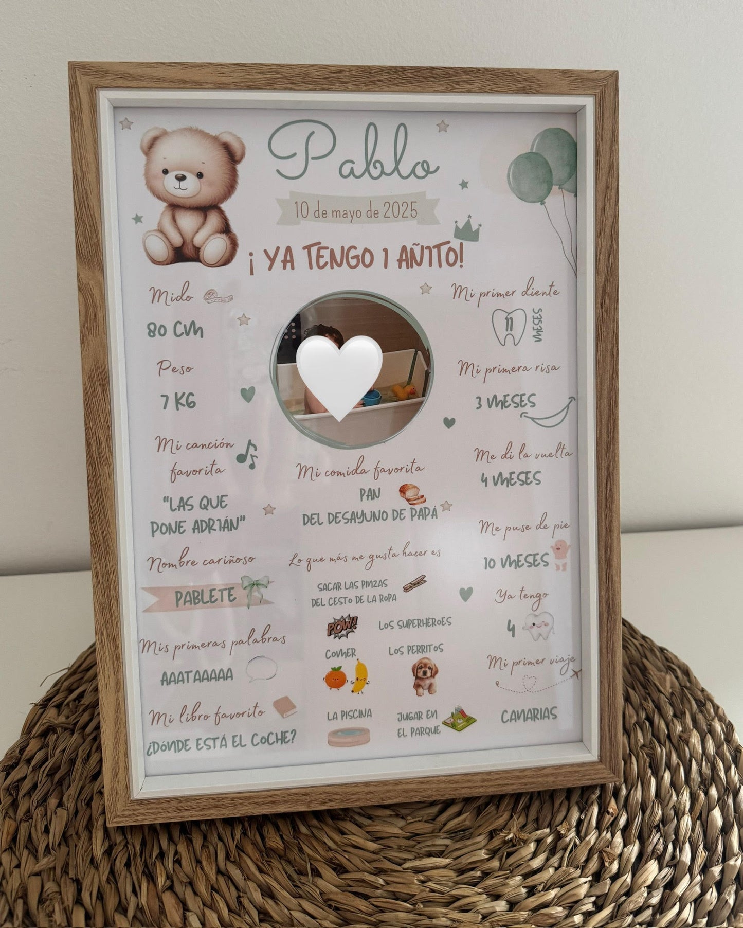 Lámina datos primer cumpleaños bebé osito verde