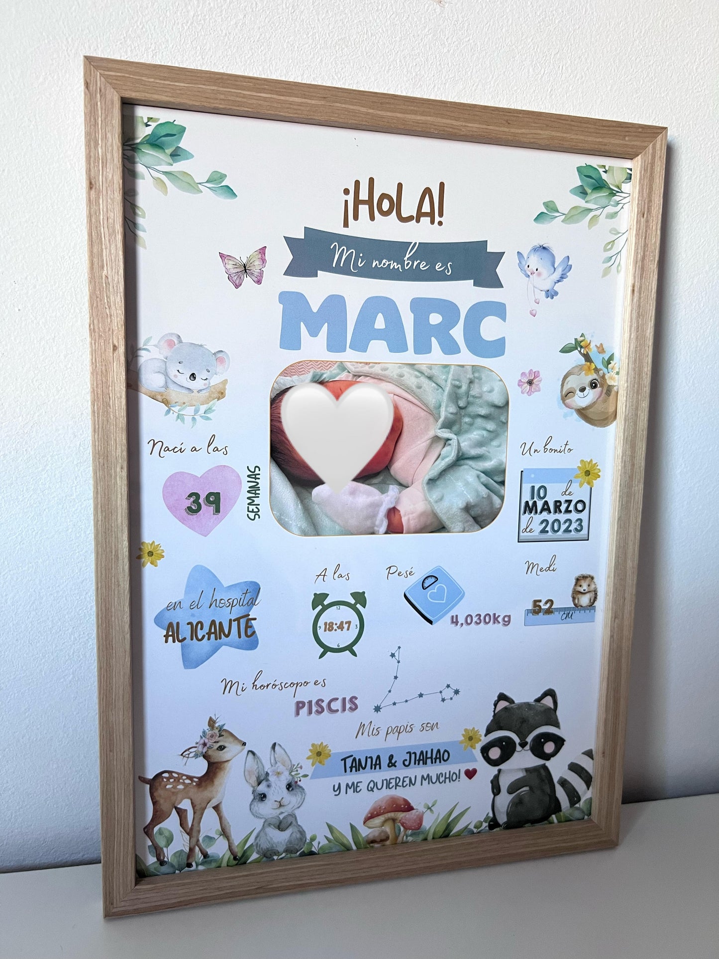Lámina personalizada nacimiento bebé foto "Animalitos del bosque azul"